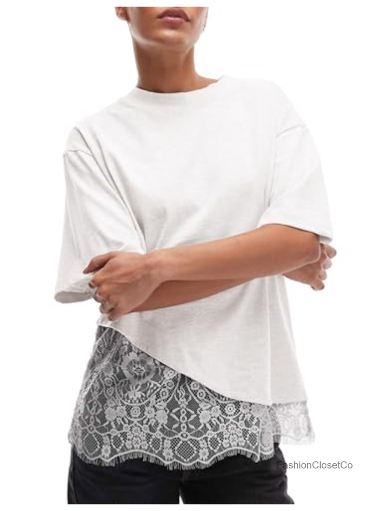 Lace Patchwork Drop Shoulder Short Sleeve Blouse Casual T-Shirt
